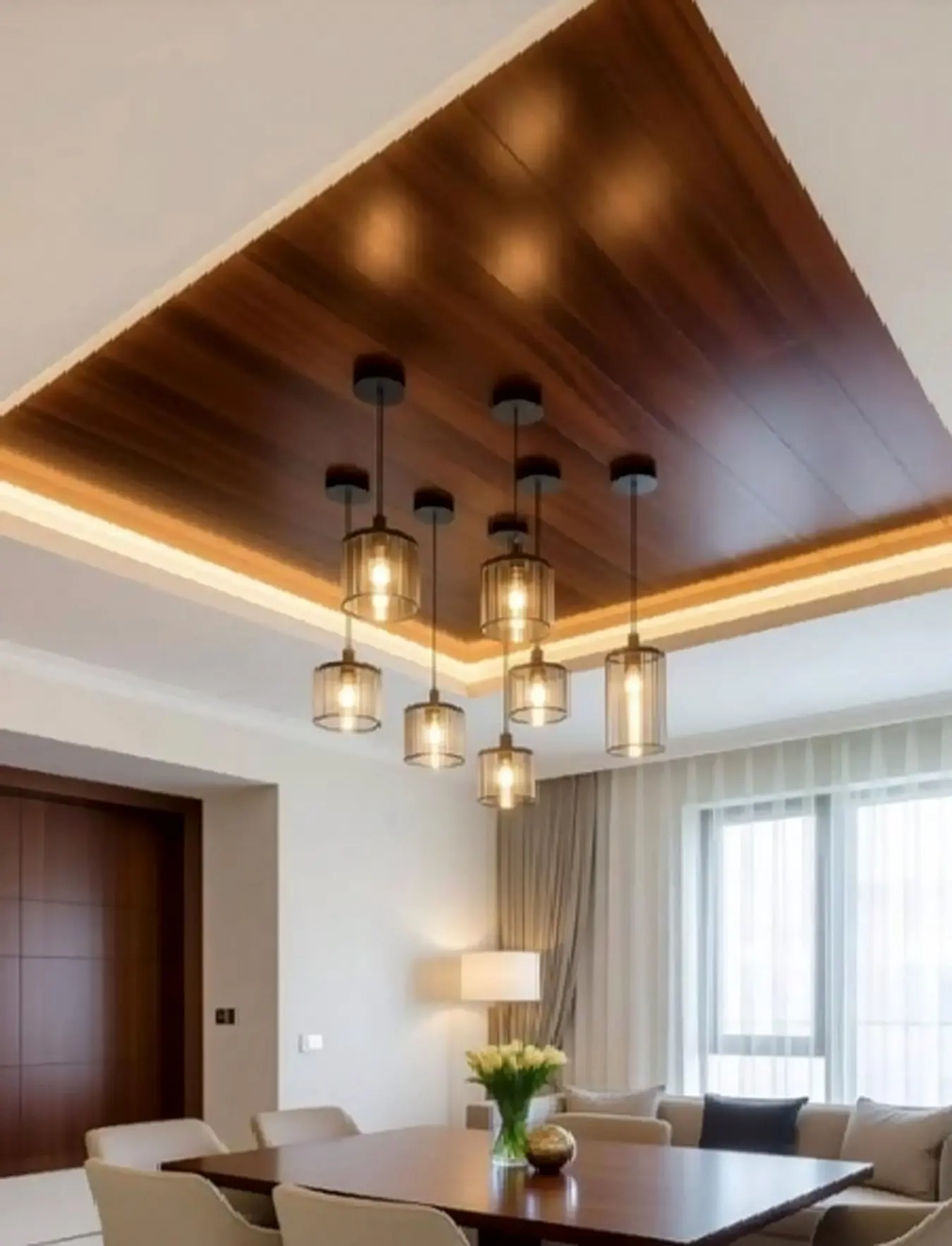 Wooden ceiling panel with pendant lights