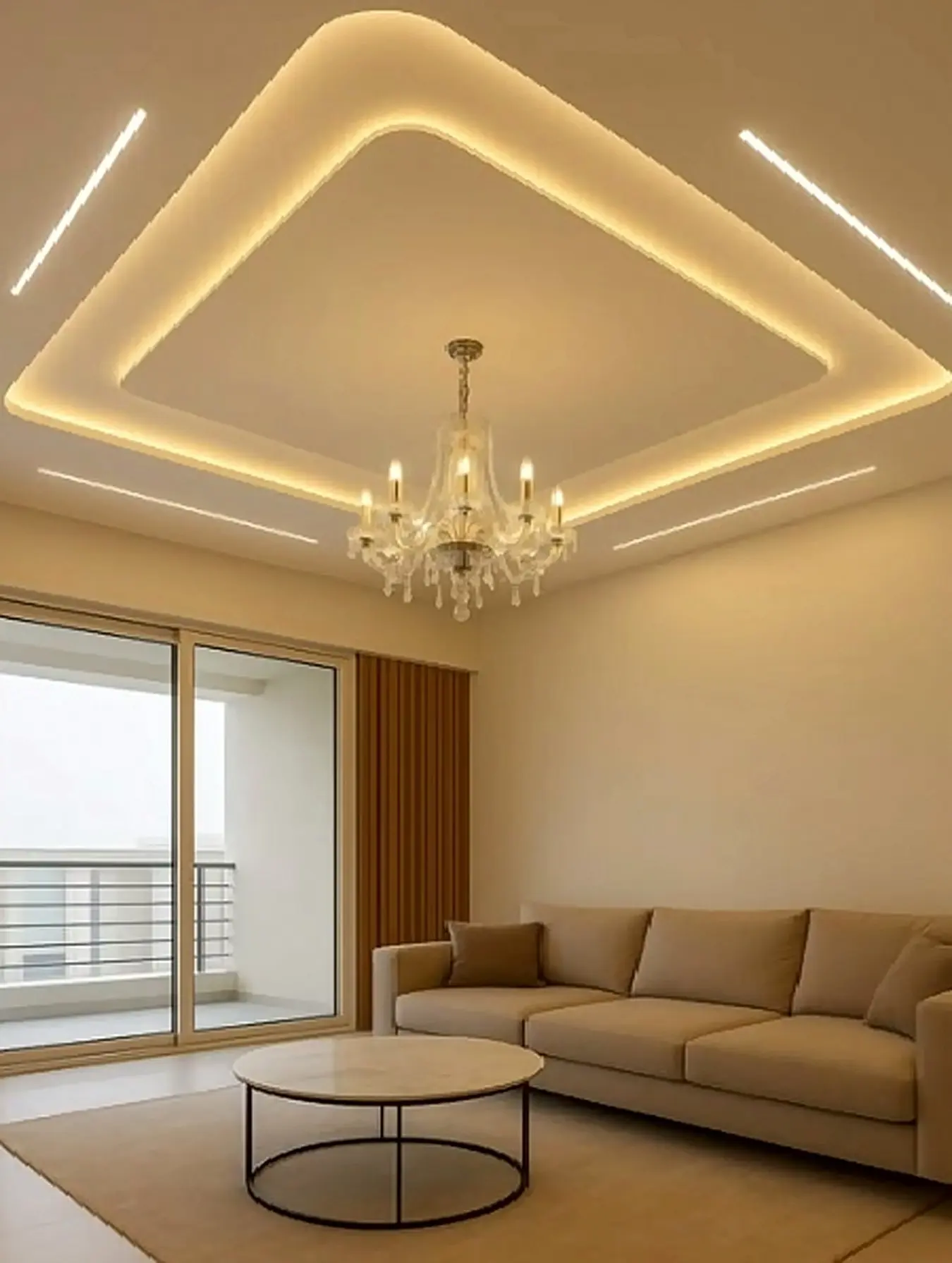 Living room with layered cove ceiling and chandelier